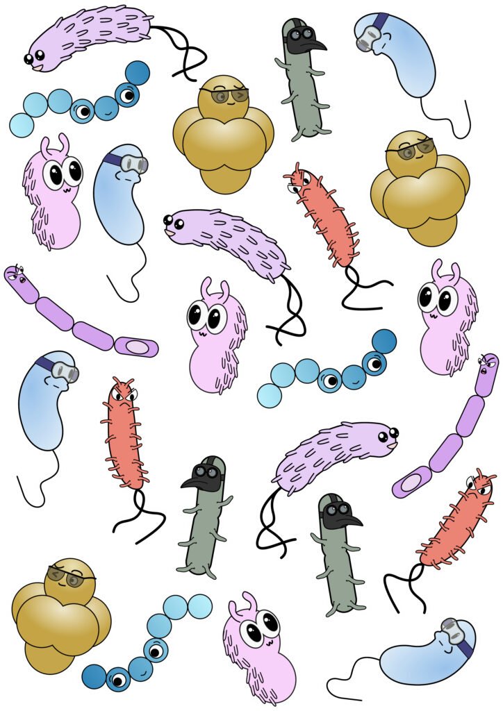 A pattern of various cute bacteria